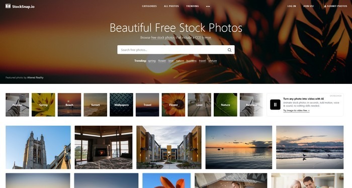 StockSnap StockSnap features a large collection of high-resolution stock photos