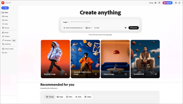 Adobe Firefly Adobe Firefly integrates seamlessly with Adobe Creative Cloud applications.
This makes it especially powerful for designers and creators who already work within Adobe’s ecosystem.