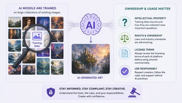 Copyrights As regulations continue to evolve, creators should review the licensing terms of each AI platform before using generated content commercially.