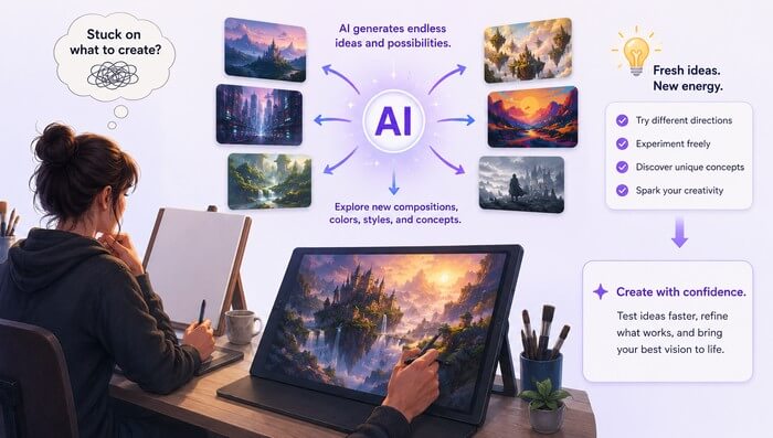 Endless Inspiration Instead of staring at a blank canvas, artists can use AI to explore new compositions, color palettes, or artistic styles that spark fresh ideas.