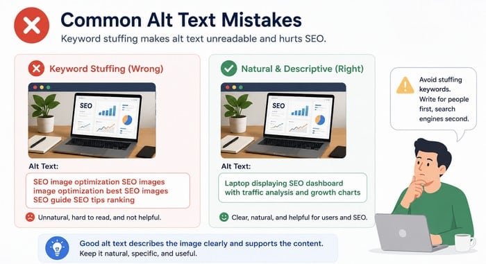 Some websites fill alt text with keywords, making it unreadable.