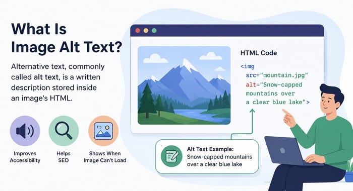 Alternative text, commonly called alt text, is a written description stored inside an image's HTML.
