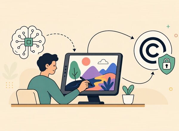 A human creator uses a stylus on a tablet displaying colorful AI-generated artwork, with an AI circuit-brain icon connected to the artwork and a copyright symbol with a security shield representing copyright protection.