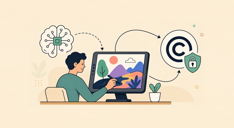 A human creator uses a stylus on a tablet displaying colorful AI-generated artwork, with an AI circuit-brain icon connected to the artwork and a copyright symbol with a security shield representing copyright protection.