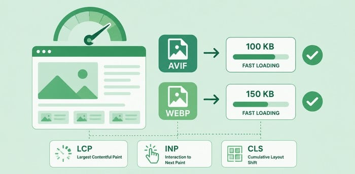 AVIF vs WebP for SEO AVIF vs WebP illustration showing how smaller image files improve Core Web Vitals, page speed, and website performance.