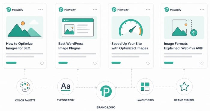 Keep Your Blog Image Style Consistent Four matching blog article cards demonstrating consistent branding, color palette, typography, layout, and logo design.