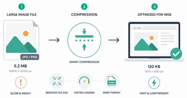 Optimize Images After Editing Three-step image optimization process showing a large image file compressed into a smaller WebP image for faster web loading.