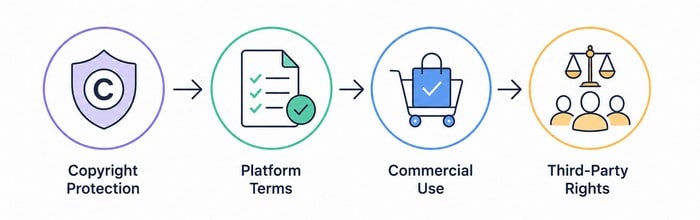 Can You Sell AI-Generated Art? AI Art Copyright - A four-step infographic showing copyright protection, platform terms, commercial use, and third-party rights connected by arrows.