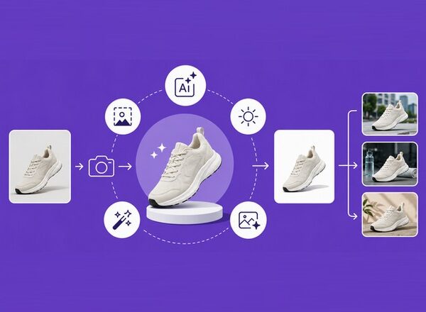 AI product photography workflow showing a sneaker transformed into polished studio and lifestyle images.