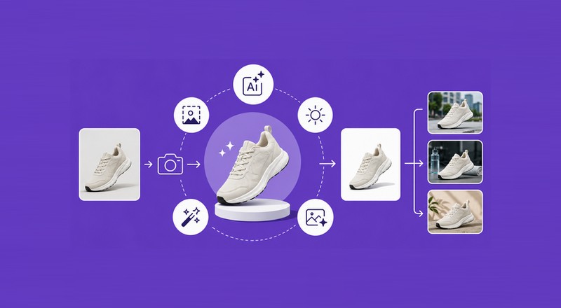 AI product photography workflow showing a sneaker transformed into polished studio and lifestyle images.