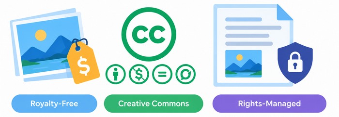Common Types of Image Licenses Illustration showing common image licenses including royalty-free, Creative Commons, and rights-managed.