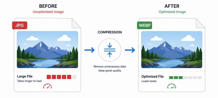 Compress the Image Before-and-after image compression comparison showing a large unoptimized JPG landscape image transformed into a smaller optimized WebP image, demonstrating reduced file size while maintaining good visual quality and improving web performance.