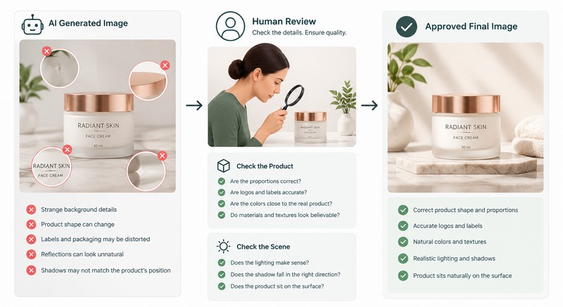 AI Product Photography Still Needs a Human Eye AI-generated product image reviewed by a human for accurate details, lighting, shadows, and realistic presentation.