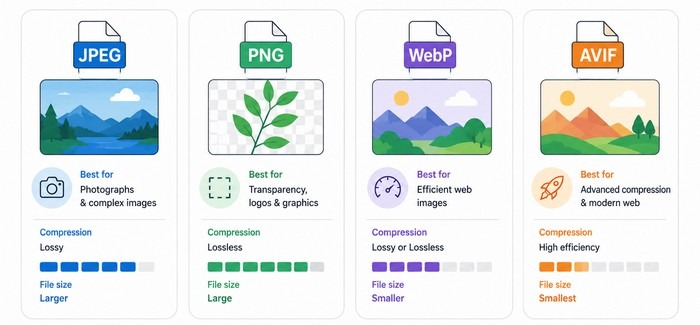 Choose the Right Image Format Comparison infographic showing JPEG, PNG, WebP, and AVIF image formats, with their typical uses, compression methods, and relative file-size efficiency.