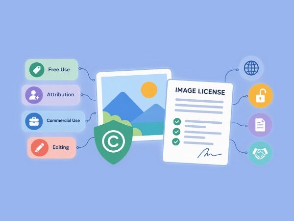 Image licensing illustration showing a copyright shield, image license document, and icons for free use, attribution, commercial use, and editing.