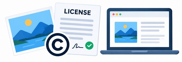 Image Licensing Image licensing explained with a photograph, copyright symbol, and license document.