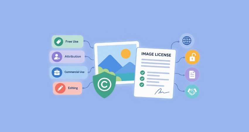 Image licensing illustration showing a copyright shield, image license document, and icons for free use, attribution, commercial use, and editing.
