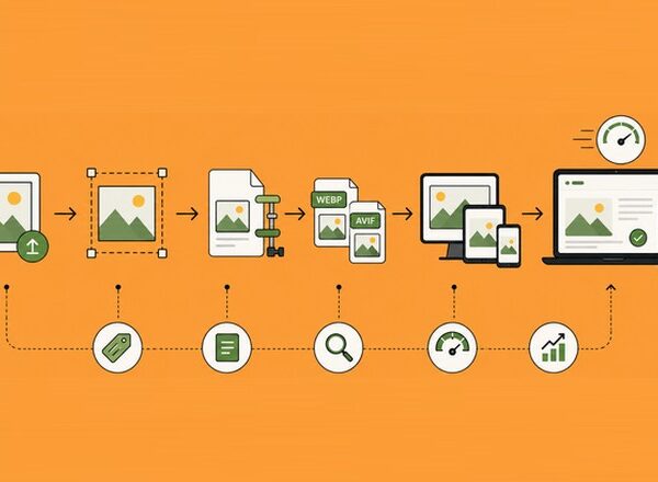 Image optimization workflow showing resizing, compression, WebP/AVIF conversion, responsive images, and faster SEO-friendly webpages.