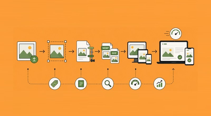 Image optimization workflow showing resizing, compression, WebP/AVIF conversion, responsive images, and faster SEO-friendly webpages.