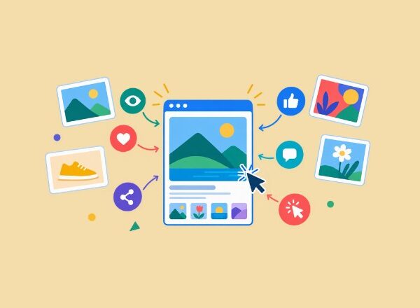 Colorful illustration showing website images driving user engagement and interaction.