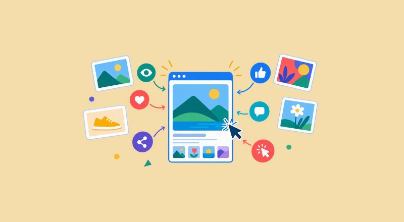 Colorful illustration showing website images driving user engagement and interaction.