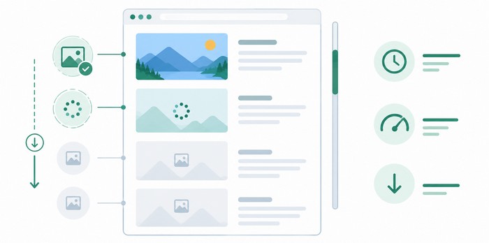 Lazy Loading Images Best Practices Lazy loading illustration showing a webpage with images loading progressively as users scroll, with performance, speed, and loading indicators.