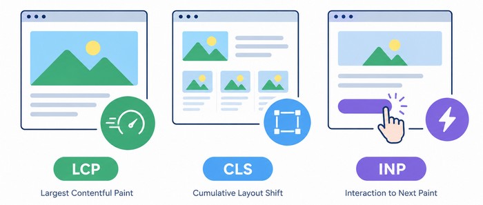 Lazy Loading Images and Core Web Vitals Core Web Vitals illustration showing LCP, CLS, and INP performance concepts.