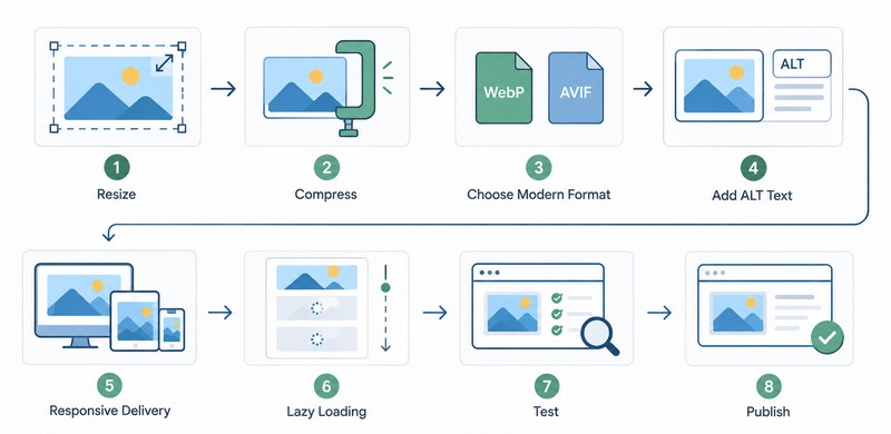 Lazy Loading Is Part of Image Optimization Image optimization workflow including resizing, compression, responsive images, and lazy loading.