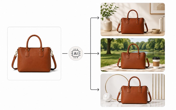 Lifestyle Product Images AI workflow showing a brown leather handbag transformed into home, outdoor, and premium lifestyle product scenes.