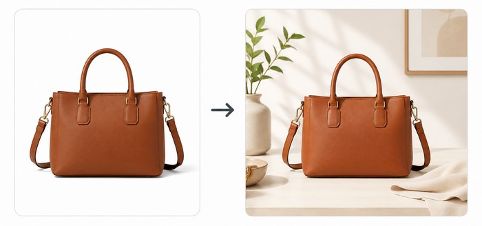 Create Professional Product Backgrounds Before-and-after image of a brown leather handbag, showing a plain product photo transformed into a polished lifestyle scene.