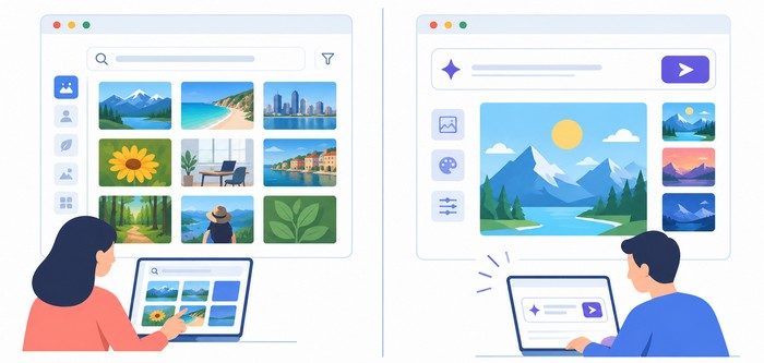What's the Difference? Comparison of stock photo search and AI image generation workflows.