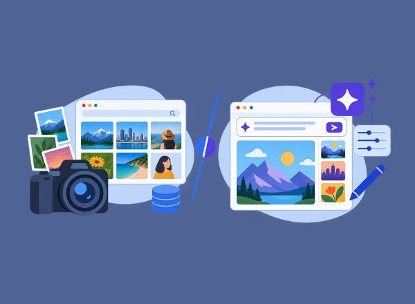 Stock photos vs AI images comparison for choosing website visuals.