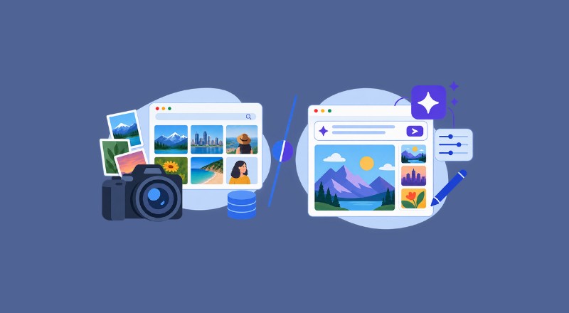 Stock photos vs AI images comparison for choosing website visuals.