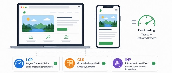 Test the Final Page Laptop and smartphone showing an optimized webpage with fast-loading performance and Core Web Vitals metrics.
