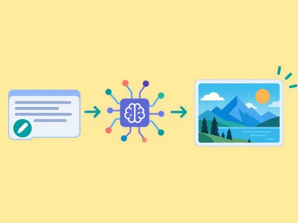 AI image generation transforming a text prompt into a digital illustration.