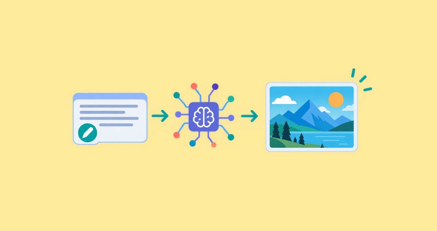 AI image generation transforming a text prompt into a digital illustration.