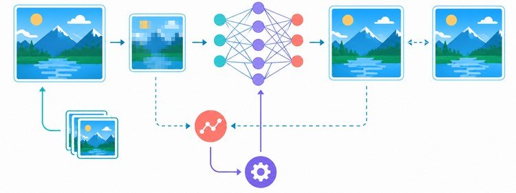 AI model training workflow showing degraded images, neural network prediction, comparison, and image improvement.