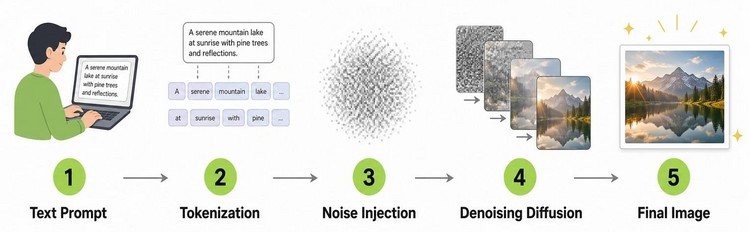 How Does AI Image Generation Work? Diagram illustrating how an AI image generator turns a text prompt into a finished image.