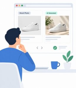 Comparing a Stock Photo With an AI-Generated Image. Website creator comparing a stock photo with an AI-generated image in a clean browser interface.