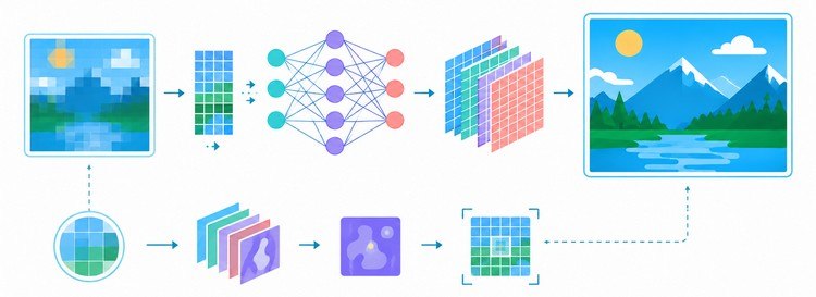 AI super-resolution process transforming a low-resolution image into a larger reconstructed image.
