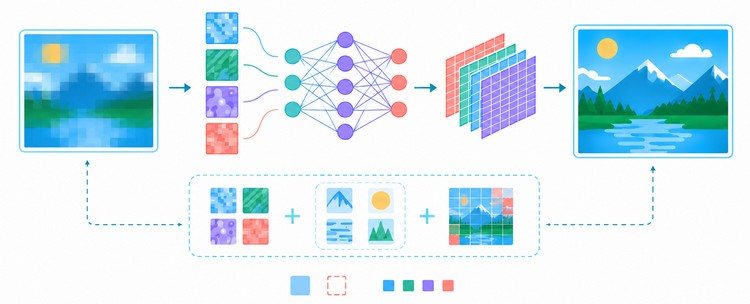 Illustration showing an AI model using learned visual patterns to reconstruct missing image details.